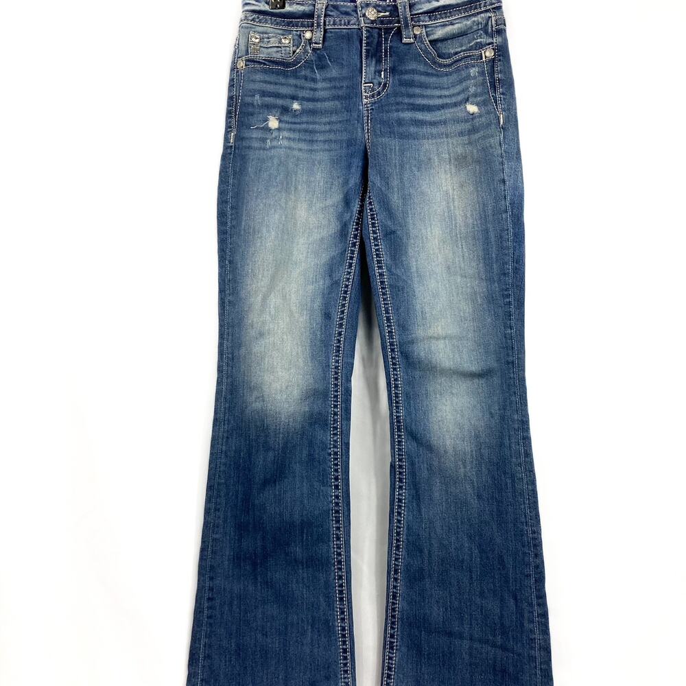 Chloe Boot Cuff Miss Me Jeans w distressed front, embellished pockets 34" inseam